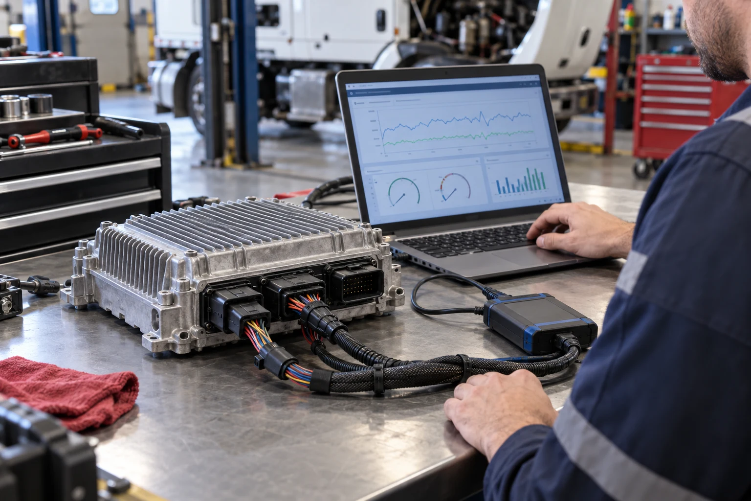 Illustration of a truck ECM connected through diagnostic equipment to a laptop on a workbench