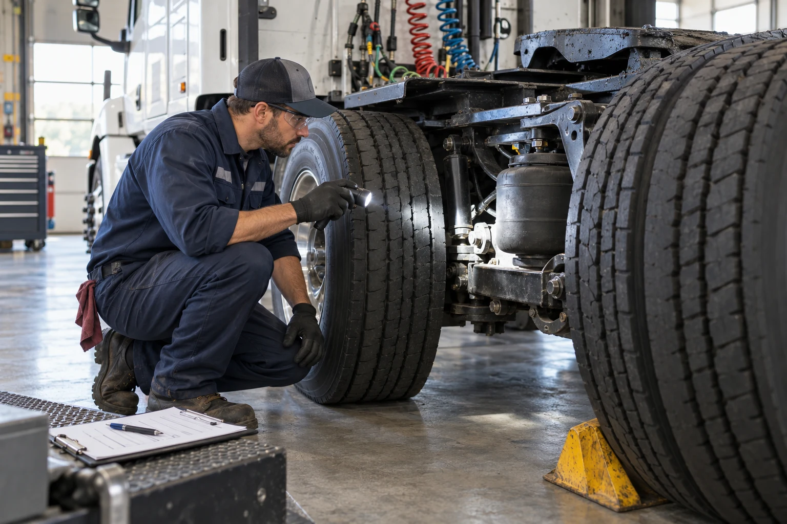Illustration of a technician inspecting truck tires and suspension with an inspection light and checklist