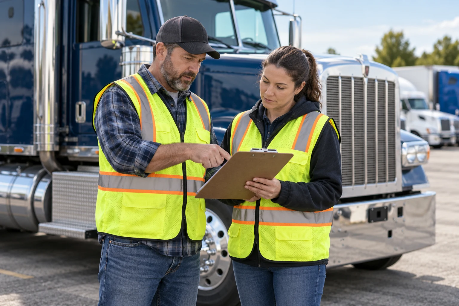 Illustration of fleet professionals reviewing a safety checklist beside an American semi truck